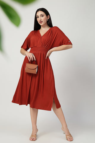 Rust Solid Smocked Waist Zipless Feeding Dress Front View - Stylish Soft Maternity Dress with Feeding Zips & Pockets