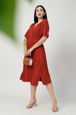 Detail of Hidden Feeding Zips & Pockets on Rust Solid Smocked Waist Zipless Feeding Dress for Breastfeeding