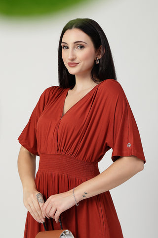 Soft Soft Texture of Rust Solid Smocked Waist Zipless Feeding Dress - Breathable & Comfy