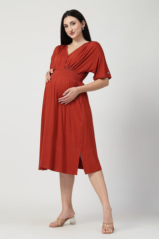 Elegant Stylish Look of Rust Solid Smocked Waist Zipless Feeding Dress - Perfect for Any Occasion