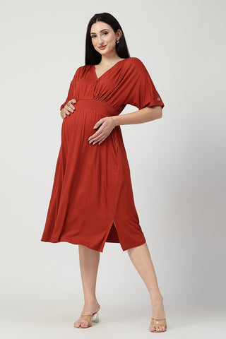 Back View of Rust Solid Smocked Waist Zipless Feeding Dress - Flattering Silhouette for Pregnancy