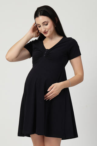 Ruched Cotton Zipless Feeding Dress Front View - Black Cotton Maternity Dress with Feeding Zips & Pockets