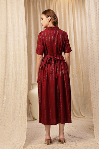 Close Up of Rayon Fabric Detail on V-Neck Burgundy Maternity Dress with Zipless Feeding