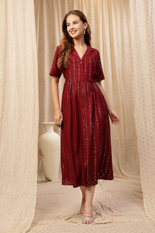 V-Neck Burgundy Maternity Dress with Zipless Feeding Front View - Stylish Rayon Maternity Dress with Feeding Zips