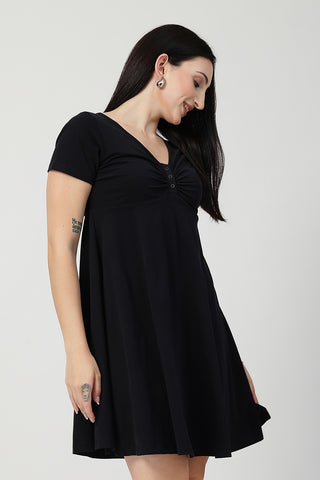 Detail of Hidden Feeding Zips & Pockets on Ruched Cotton Zipless Feeding Dress for Breastfeeding