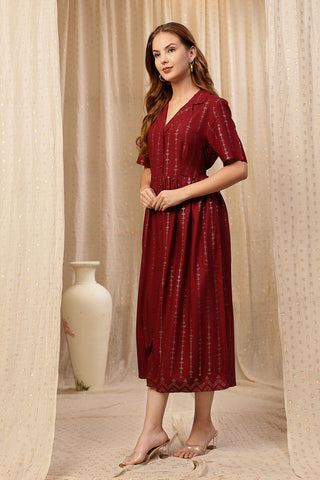 Soft Rayon Texture of V-Neck Burgundy Maternity Dress with Zipless Feeding - Breathable & Comfy