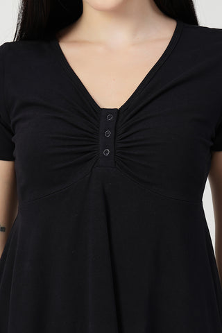 Stylish Black Maternity Wear - Ruched Cotton Zipless Feeding Dress for New Moms