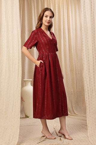 Woman wearing V-Neck Burgundy Maternity Dress with Zipless Feeding in Stylish - Pre & Post Pregnancy