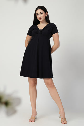 Elegant Black Look of Ruched Cotton Zipless Feeding Dress - Perfect for Any Occasion