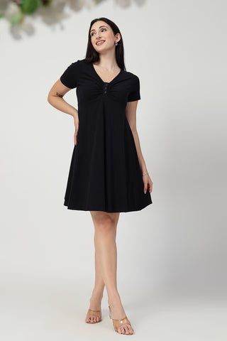 Back View of Ruched Cotton Zipless Feeding Dress - Flattering Silhouette for Pregnancy