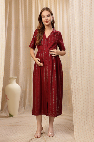 Stylish Stylish Maternity Wear - V-Neck Burgundy Maternity Dress with Zipless Feeding for New Moms