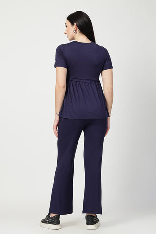 Close-up of navy Maternity Tops showing Zipless for easy nursing access.