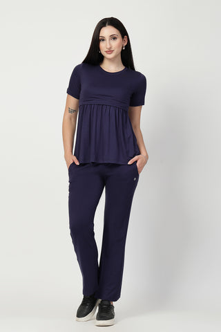 Smooth back view of navy Maternity Tops showing silhouette for comfort.