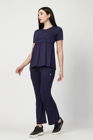 Interior view of Navy Maternity Zipless Feeding Gathered Top showing Zipless.