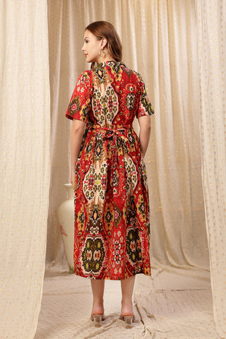 Close Up of Cotton Fabric Detail on Red Floral Zipless Maternity Lapel Dress with Pockets