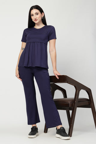 Close-up texture of Navy Maternity Zipless Feeding Gathered Top in navy, showing the soft Viscose fabric.