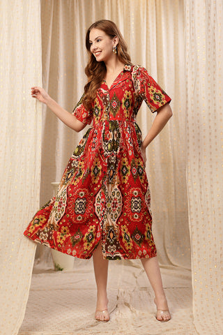 Back View of Red Floral Zipless Maternity Lapel Dress with Pockets - Flattering Silhouette for Pregnancy