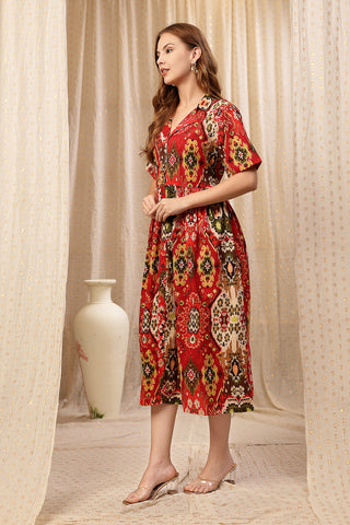 House of Zelena Red Floral Zipless Maternity Lapel Dress with Pockets - Trusted by Mothers for Quality