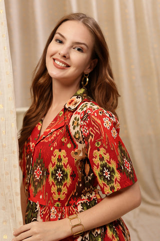 Soft Cotton Texture of Red Floral Zipless Maternity Lapel Dress with Pockets - Breathable & Comfy