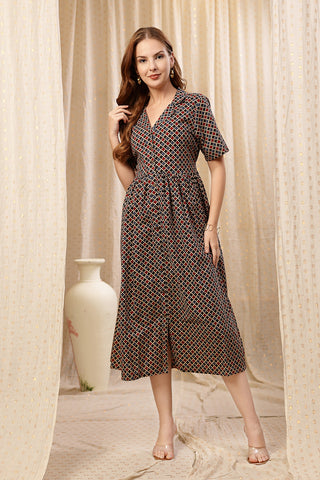 Multi Zipless Maternity Lapel Dress with Pockets Front View - Stylish Cotton Maternity Dress with Feeding Zips & Pockets