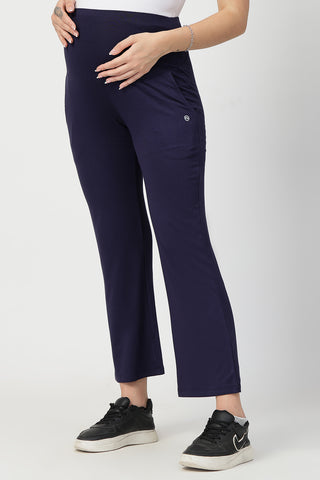 Navy Maternity Pants; fit accommodates belly growth during pregnancy.