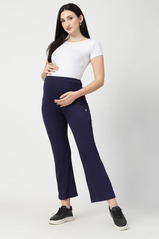 Navy Pants fabric; material allows four-way stretch for body changes.