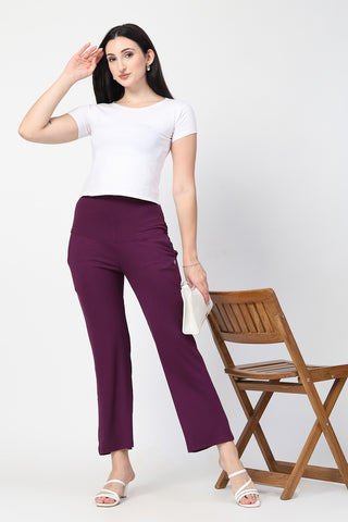 Deep Burgundy High Waist Pants; panel stretches to accommodate growth through all stages.
