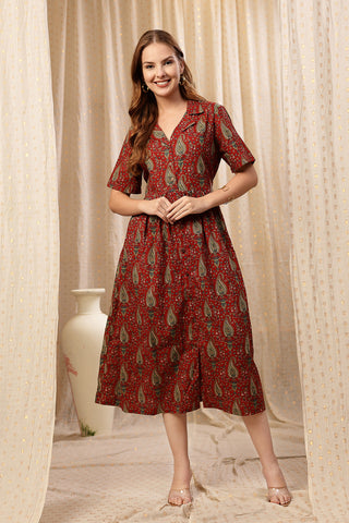 Back View of Rust Red Zipless Maternity Lapel Dress with Pockets - Flattering Silhouette for Pregnancy