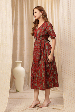 Soft Cotton Texture of Rust Red Zipless Maternity Lapel Dress with Pockets - Breathable & Comfy