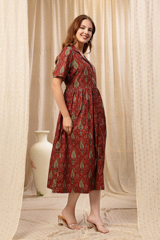 House of Zelena Rust Red Zipless Maternity Lapel Dress with Pockets - Trusted by Mothers for Quality