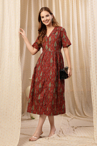 Woman wearing Rust Red Zipless Maternity Lapel Dress with Pockets in Red - Pre & Post Pregnancy