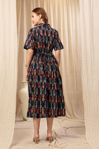 Close Up of Cotton Fabric Detail on Navy Blue Zipless Maternity Lapel Dress with Pockets