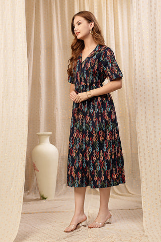 Woman wearing Navy Blue Zipless Maternity Lapel Dress with Pockets in Blue - Pre & Post Pregnancy