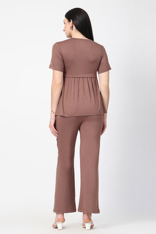 Close-up of brown Maternity Tops showing Zipless for easy nursing access.