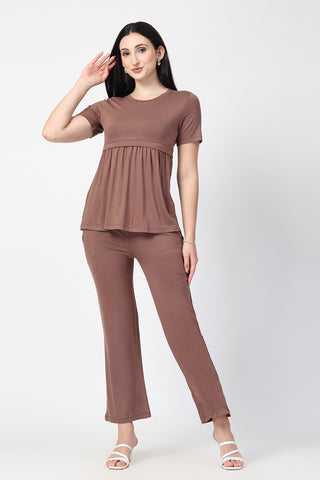 Interior view of Mocha Maternity Zipless Feeding Gathered Top showing Zipless.