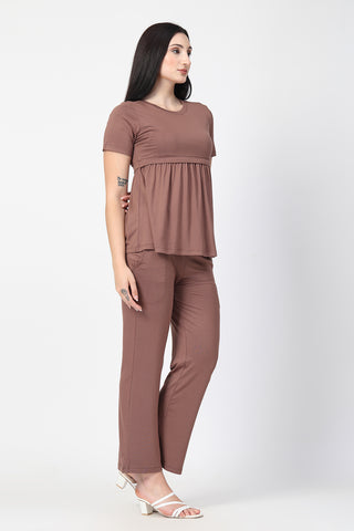 Side or angle view of Mocha Maternity Zipless Feeding Gathered Top showing the Maternity Tops silhouette and fit.