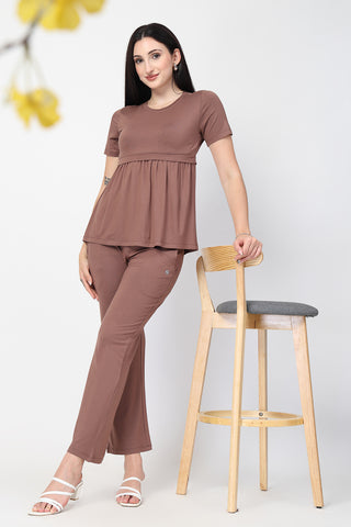 Close-up texture of Mocha Maternity Zipless Feeding Gathered Top in brown, showing the soft Viscose fabric.