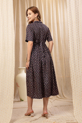 Close Up of Cotton Fabric Detail on Royal Blue Zipless Maternity Lapel Dress with Pockets