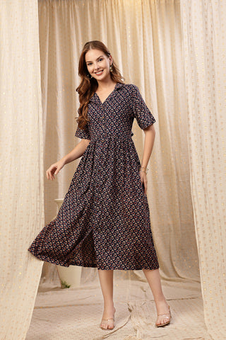 Royal Blue Zipless Maternity Lapel Dress with Pockets Front View - Blue Cotton Maternity Dress with Feeding Zips