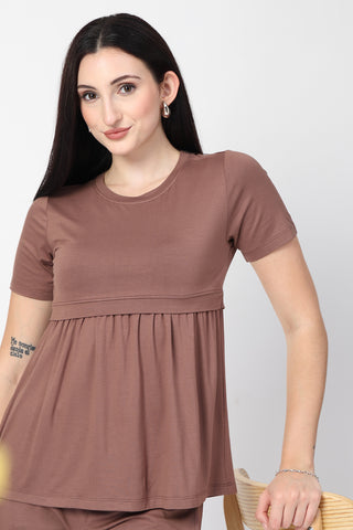 Mocha Maternity Zipless Feeding Gathered Top in brown made with soft Viscose fabric.