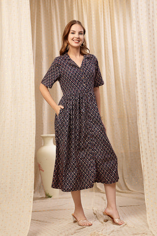 Soft Cotton Texture of Royal Blue Zipless Maternity Lapel Dress with Pockets - Breathable & Comfy