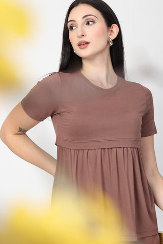 Smooth back view of brown Maternity Tops showing silhouette for comfort.