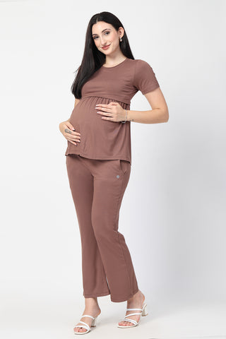 Styling detail of Mocha Maternity Zipless Feeding Gathered Top, highlighting brown print and Maternity Tops design.