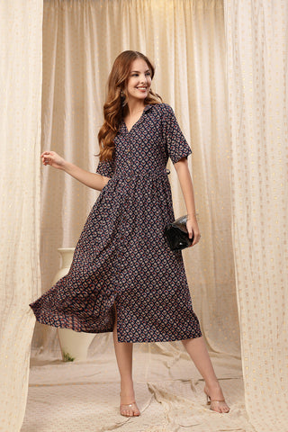 Woman wearing Royal Blue Zipless Maternity Lapel Dress with Pockets in Blue - Pre & Post Pregnancy