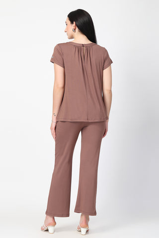 Close-up of brown-milange Maternity Tops showing Zipless for easy nursing access.