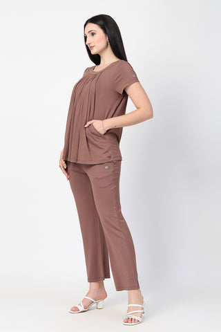 Side or angle view of Mocha Pleated Zipless Nursing Top showing the Maternity Tops silhouette and fit.