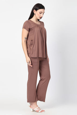 Close-up texture of Mocha Pleated Zipless Nursing Top in brown-milange, showing the soft Viscose fabric.