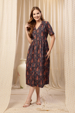 Deep Navy Zipless Maternity Lapel Dress with Pockets Front View - Navy Cotton Maternity Dress with Feeding Zips