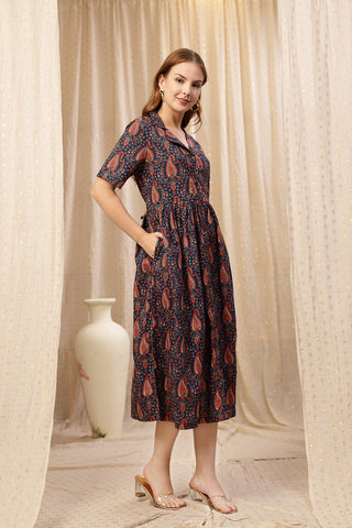 House of Zelena Deep Navy Zipless Maternity Lapel Dress with Pockets - Trusted by Mothers for Quality