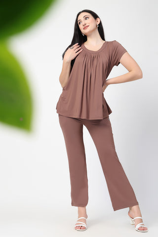 Styling detail of Mocha Pleated Zipless Nursing Top, highlighting brown-milange print and Maternity Tops design.